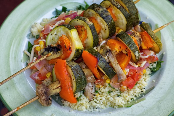 Caramelized Veggie Skewers-with Summer Corn Relish and Herby Couscous