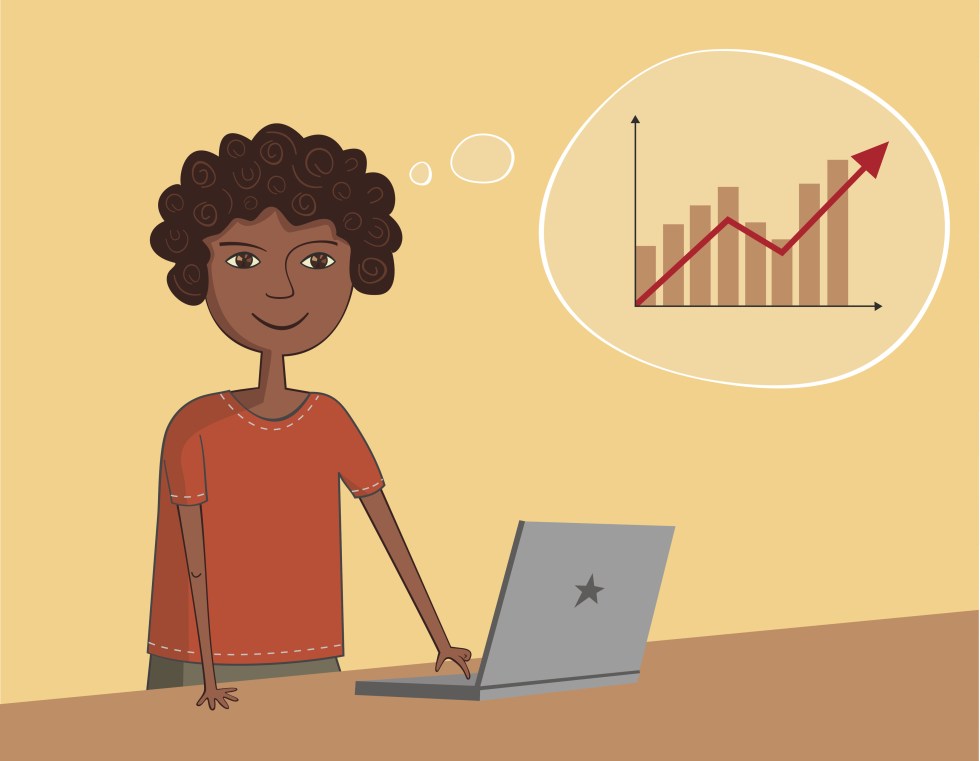 African-American black guy near the laptop thinks about profit