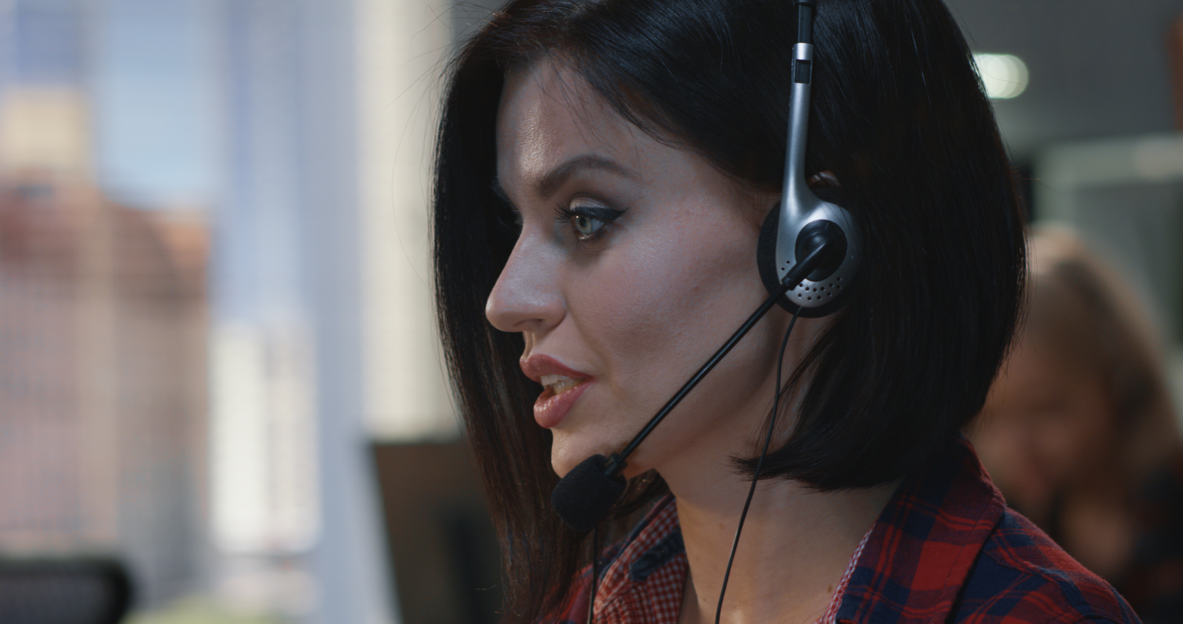 Woman talking with headset